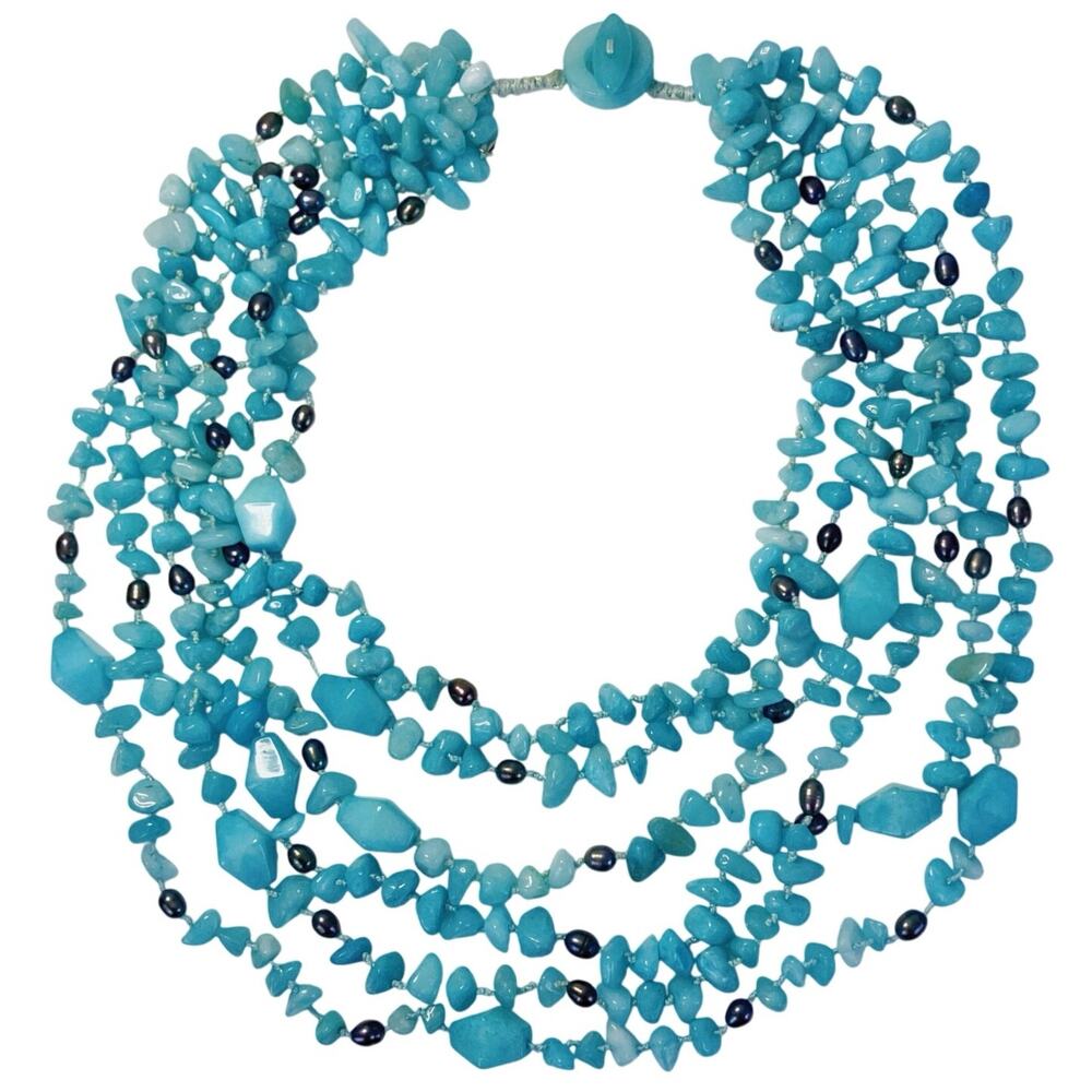 Hand-Knotted Multi-Strand Aqua Color Amazonite Bib Necklace w/ Toggle Clasp 19”